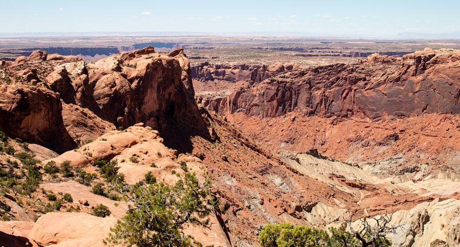 Panoramic view of the canyon from a mountain peak in Canyonlands National Park, highlighting Utah's natural beauty.