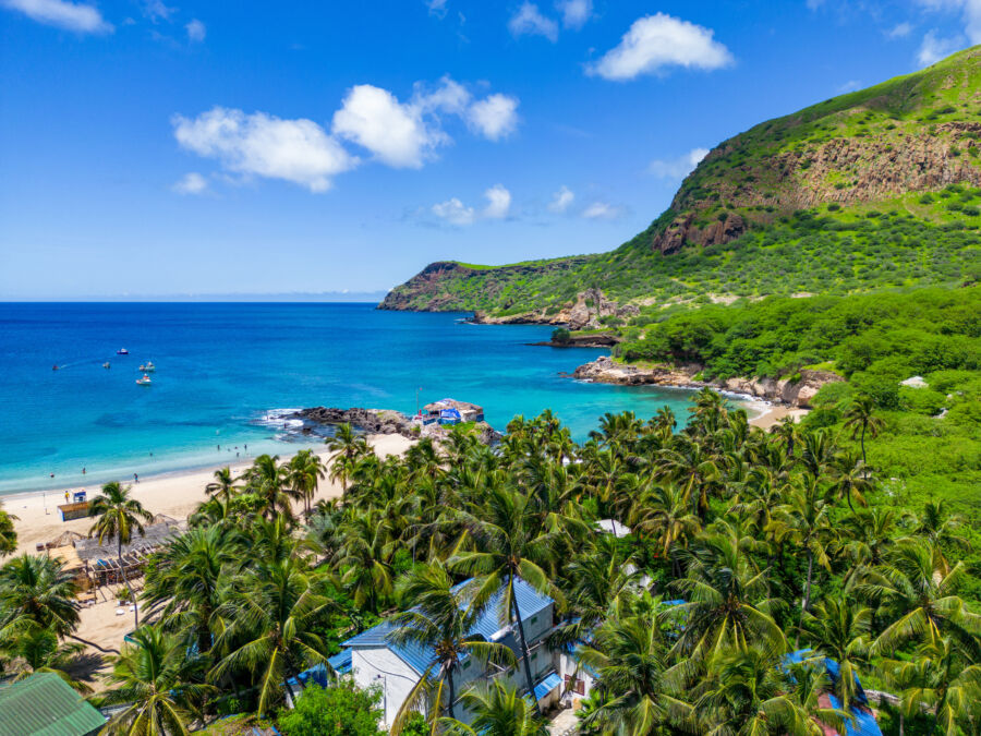 Aerial view of Santiago Island, showcasing the scenic Tarrafal beach and the lush landscape of Cape Verde