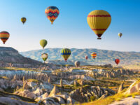 Hot air balloons flying over Cappadocia, Turkey