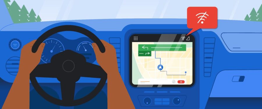 Driver navigating with touchscreen GPS in modern car, offline mode.