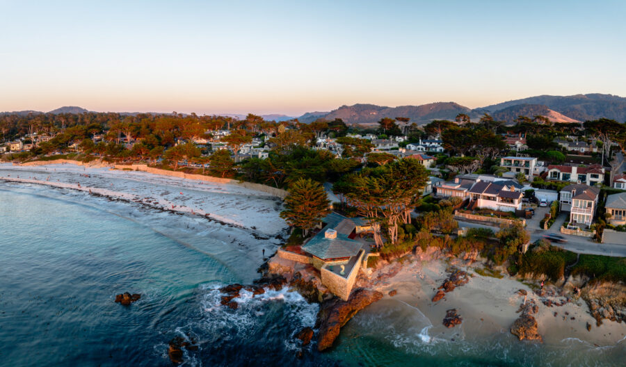 Aerial view of Carmel-by-the-Sea, California, showcasing its coastal beauty and charming architecture.