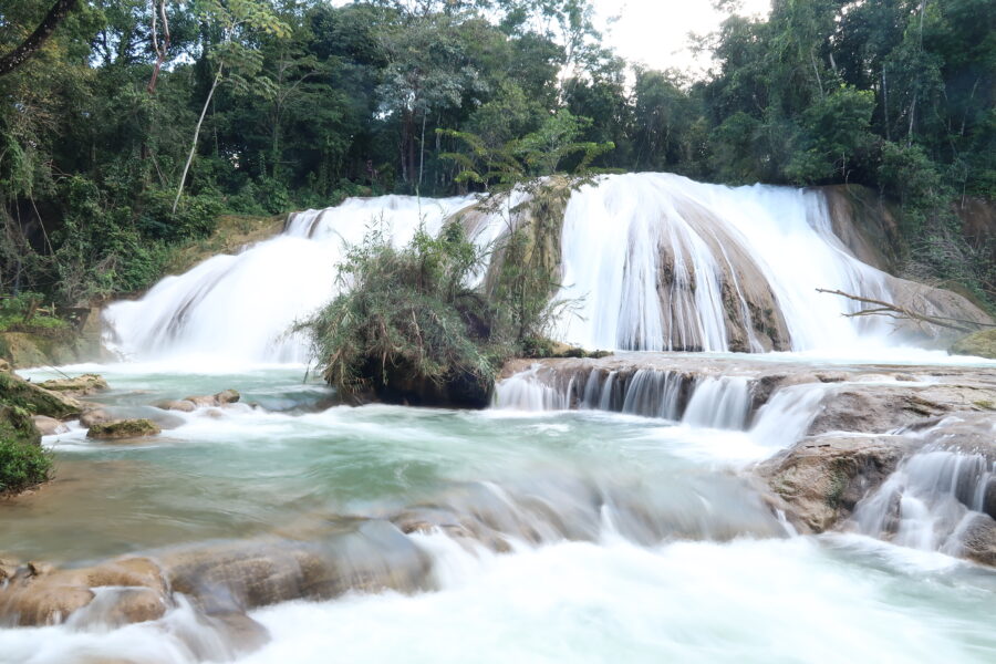 Stunning blue Cascadas de Agua Azul waterfall in Chiapas, Mexico, showcasing its vibrant waters