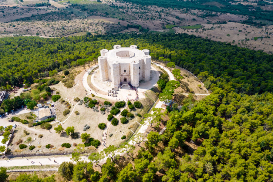 Aerial view of Castel del Monte, a UNESCO World Heritage site located in Puglia, Italy, showcasing its unique architecture