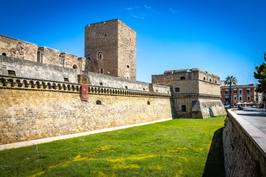 Moat surrounding the Castello Normanno Svevo, a historic Norman-Swabian castle in Bari, Puglia, Italy.