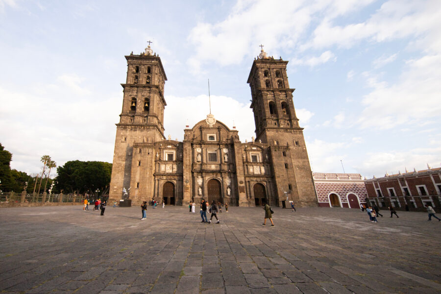 Front view of the Catedral de Puebla, showcasing its intricate architecture and grand exterior in Puebla, Mexico