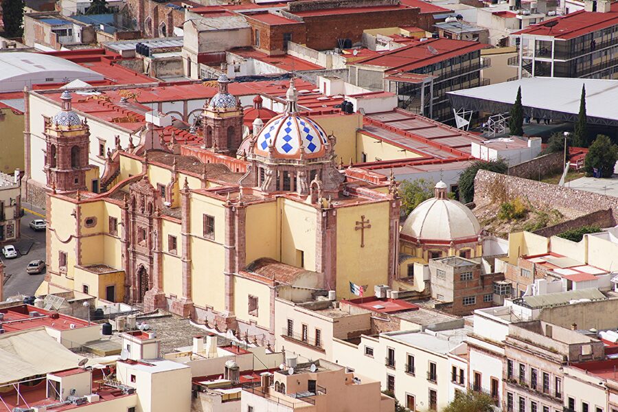 Aerial view of the Cathedral Basilica of the Assumption of Mary, showcasing its intricate architecture in Zacatecas, Mexico