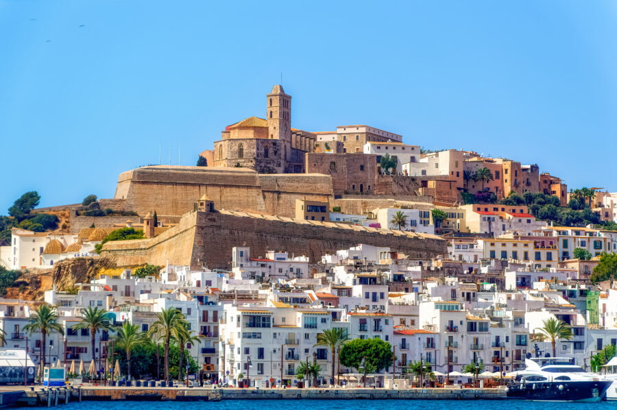 The Cathedral of Santa Maria d'Eivissa, a historic landmark on Ibiza island, Spain, showcasing stunning architecture.