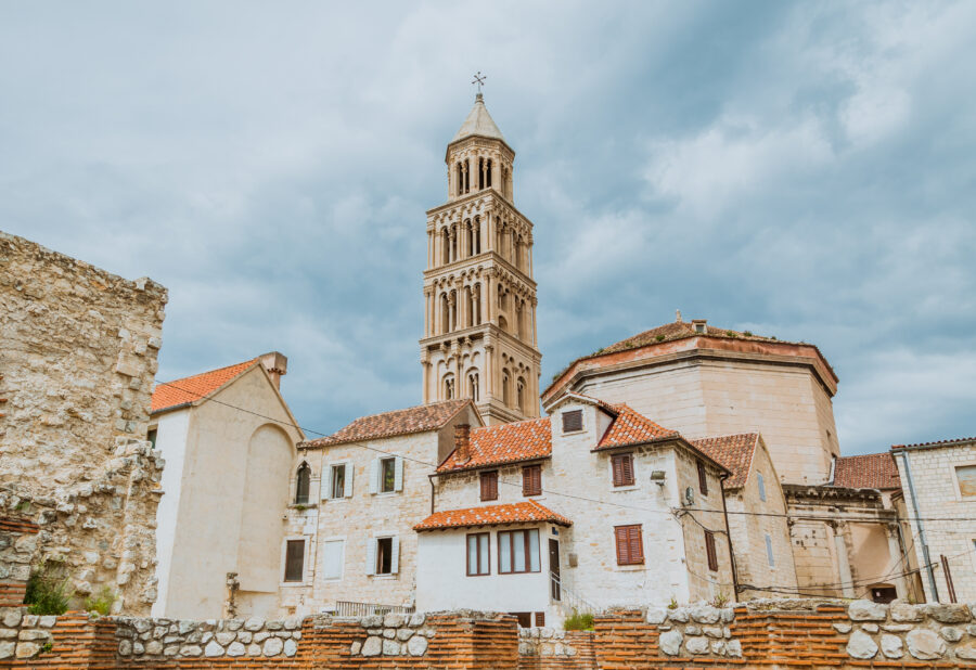 Cathedral of Saint Domnius in Split, Croatia, with Romanesque-Gothic architecture against cloudy skies.
