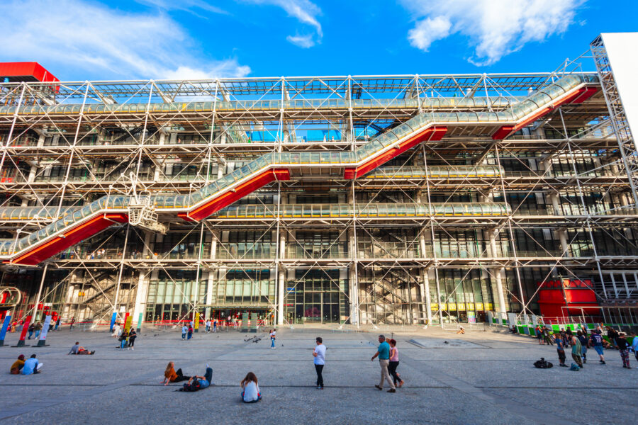 Exterior view of the Centre Pompidou in Paris, showcasing its modern architecture and colorful industrial design