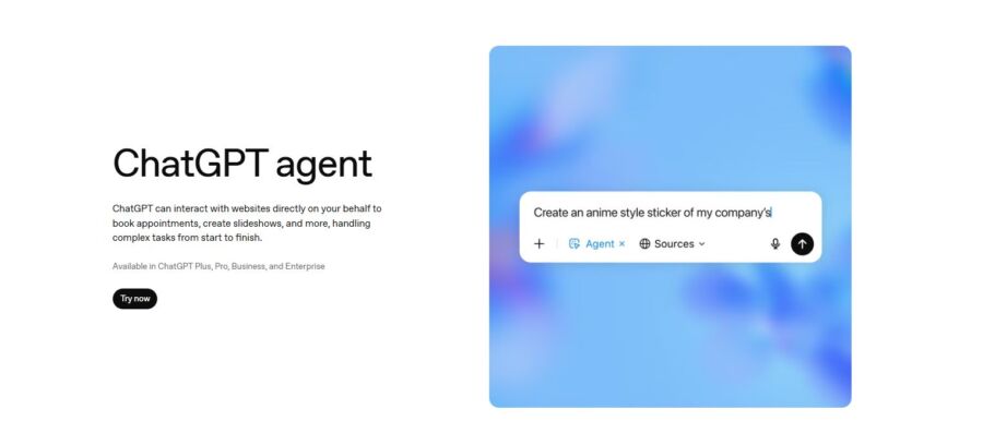 ChatGPT agent webpage with text box on a blue background. Text reads: 'Create an anime style sticker of my company.' Button options below
