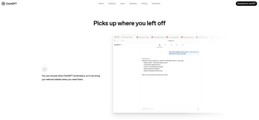 ChatGPT Atlas Chat Interface Web page with text: 'Picks up where you left off.' Features an open ChatGPT interface displaying text input options, conveying continuity and convenience