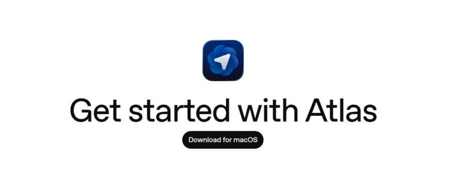 ChatGPT Atlas app logo above the text 'Get started with Atlas.' A button below reads 'Download for macOS.' Clean, inviting design.