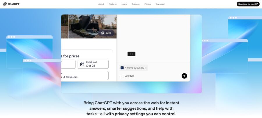 ChatGPT Atlas webpage displaying overlapping browser windows set against a blue gradient background. The text promotes features like instant answers and privacy settings