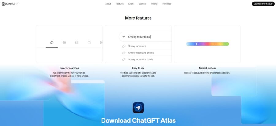 Webpage showcasing ChatGPT Atlas features, including smarter searches and customization options, with a vibrant blue and pink gradient background