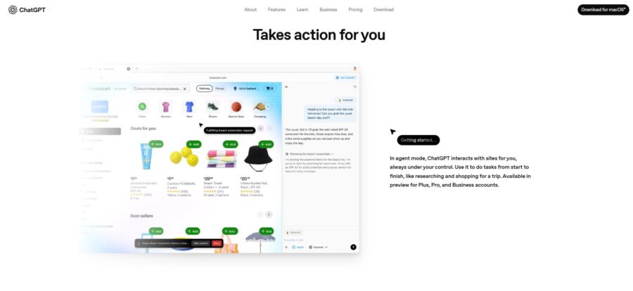 ChatGPT Atla's user interface demonstrating its ability to navigate a shopping site. The text, "Takes action for you," is at the top. Tone is efficient and user-friendly.