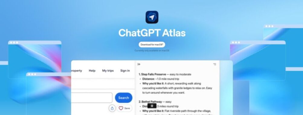 ChatGPT Atlas homepage with a blue gradient background, displaying a central app icon and a partial view of a trip-planning app interface