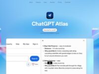 ChatGPT Atlas homepage with a blue gradient background, displaying a central app icon and a partial view of a trip-planning app interface
