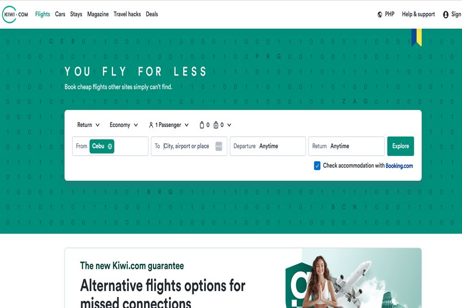 Affordable flights booking with Kiwi.com, featuring low-cost travel and user-friendly interface.