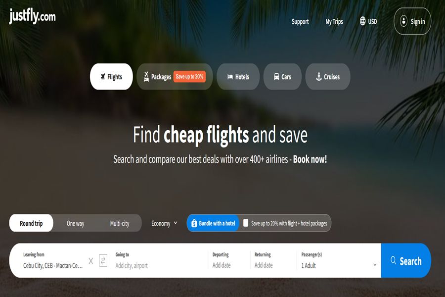 Find cheap flights and travel packages with JustFlys user-friendly booking website.