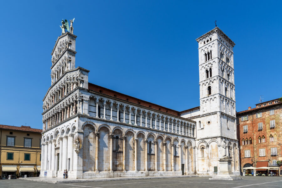 The Church of San Michele in Foro in Lucca, Tuscany, showcases beautiful Romanesque architecture and detailed sculptures