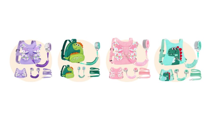 Four distinct baby carriers and accessories, featuring child harness backpacks, arranged for easy viewing and selection.
