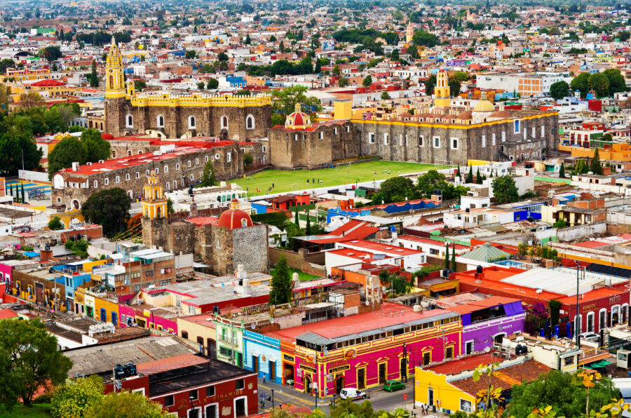 Aerial view of Cholula, Puebla, Mexico, showing the picturesque city setting