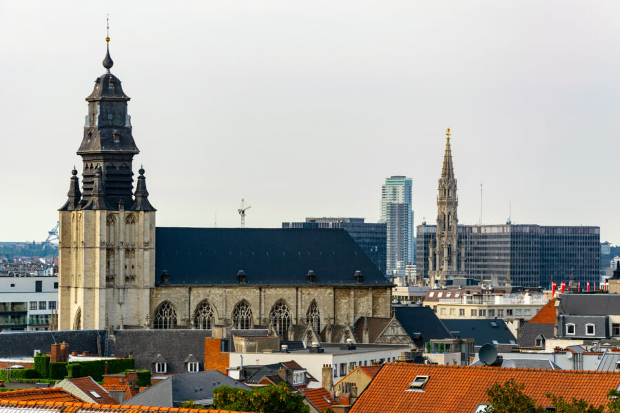 Aerial view of the Church of Our Lady of the Chapel, showcasing its architecture and surrounding urban landscape in Brussels.