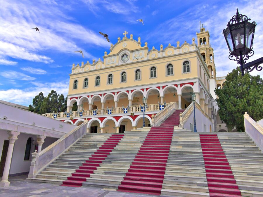 Church of Panagia Evangelistria, a renowned landmark on Tinos Island, Greece, showcasing stunning architecture and historical significance.
