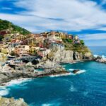 Picturesque Mediterranean village on a rocky cliff with vibrant sea and lush hills.