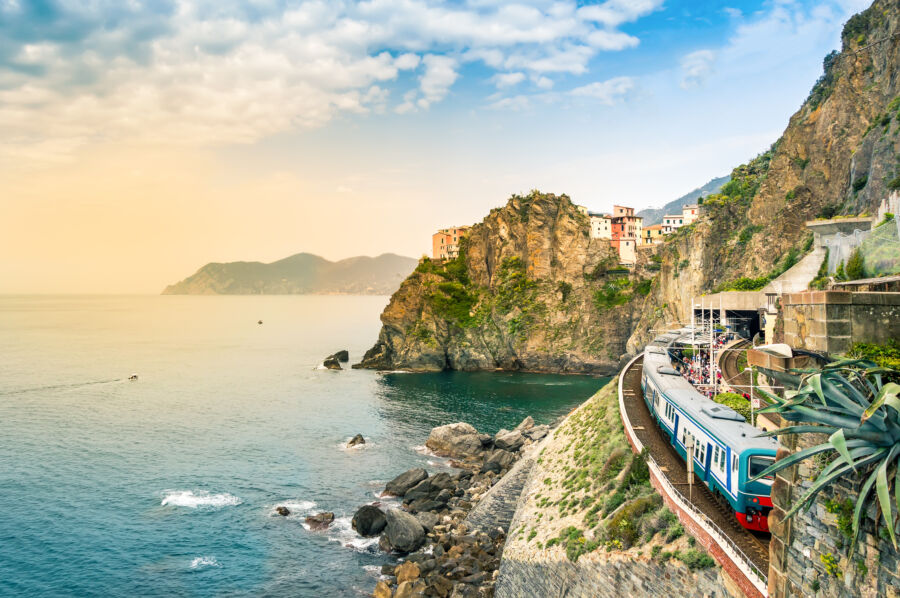 Train station in Manarola, Cinque Terre, with colorful cliffside houses overlooking the sea.
