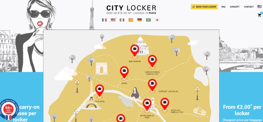 Map of Paris highlights City Locker locations with red pins, featuring landmarks like the Eiffel Tower. Stylish woman silhouette and cloudy sky backdrop.