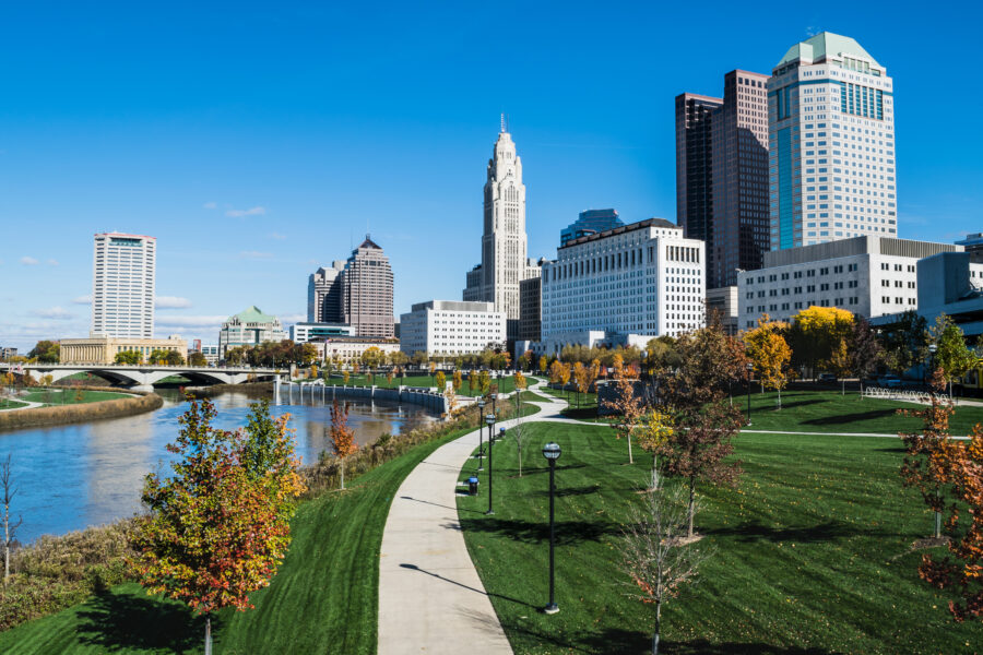 Skyline of Columbus, Ohio, featuring modern buildings along the scenic Scioto Mile waterfront