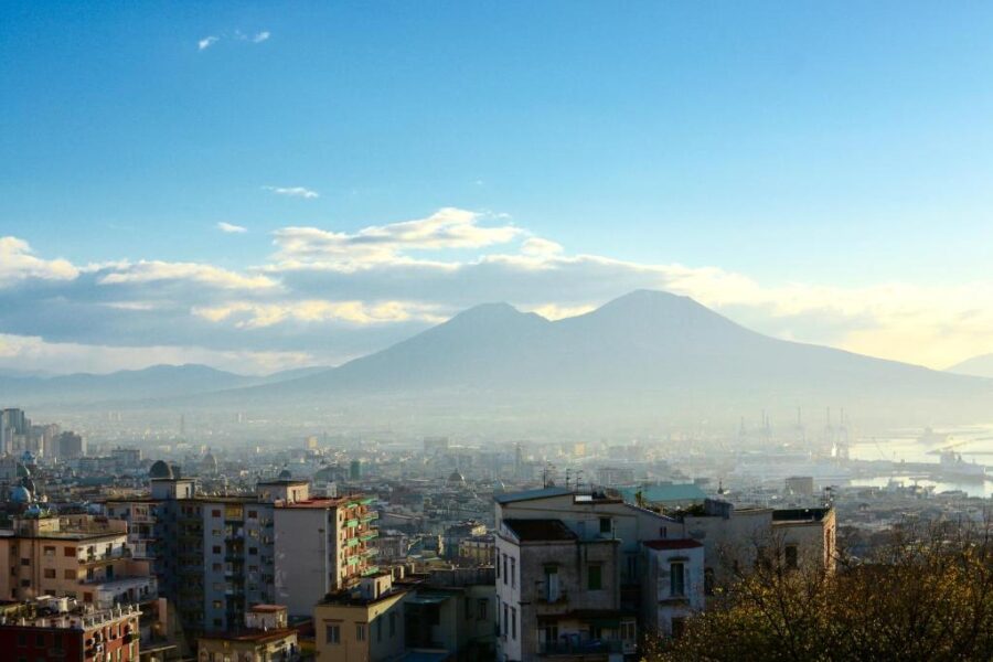 Panoramic coastal city rooftops and harbor with distant twin-peaked volcano and soft sky.
