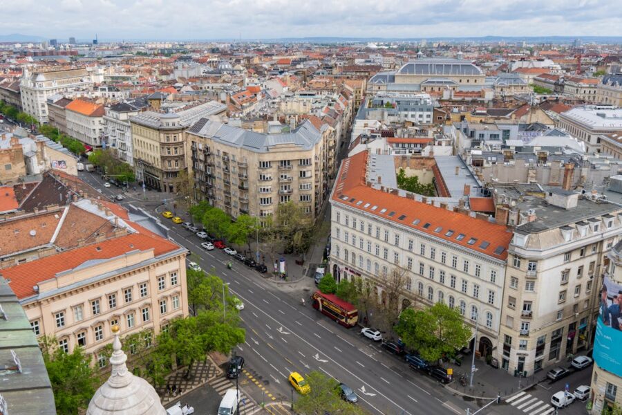 Aerial view of Budapest cityscape with diverse architecture and bustling streets.