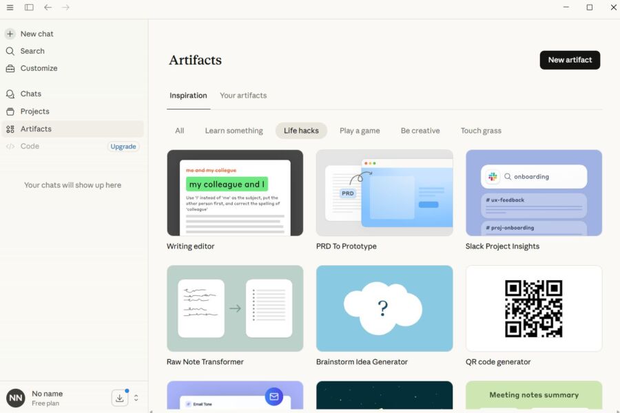 Claude Interface with sidebar and a grid of digital tool icons under "Artifacts." Tabs include "Inspiration" and "Your artifacts." Tools titled like "Writing editor" and "QR code generator." Minimalist design.