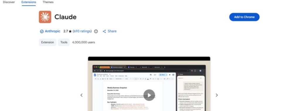 Screenshot of the Chrome Web Store page for the "Claude" extension by Anthropic, showing a 2.7-star rating and 4 million users, with an "Add to Chrome" button.