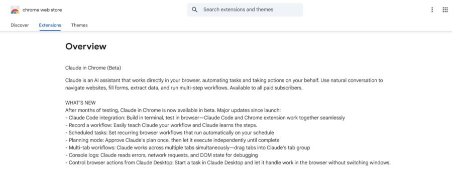 Screenshot of Chrome Web Store page showing an overview of 'Claude in Chrome (Beta).' It details Claude's AI functionality and new features, such as task automation, multi-tab workflows, and code integration. The tone is informative and promotional