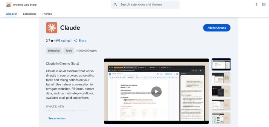 Chrome Web Store page for 'Claude' extension, showing 2.7-star rating with 4 million users. Main image displays a browser with AI tool interface and demo video. 'Add to Chrome' button visible on the right