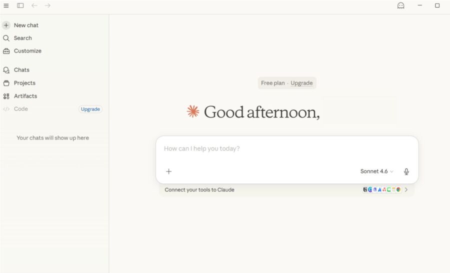 Caude Cowork AI Minimalist interface with "Good afternoon" greeting and text box for queries. Options for chats, projects, and artifacts are on the left sidebar.