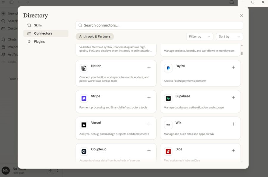 Claude Cowork directory window showing apps and connectors like Notion, PayPal, Stripe, and others. Categories and search features are visible on the left.