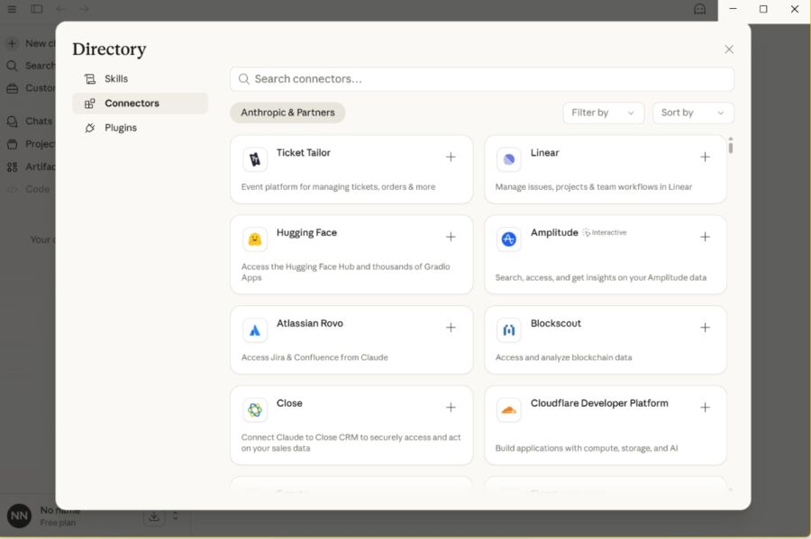 Claude Cowork Directory interface showing connectors like Ticket Tailor, Hugging Face, and others. Options to filter and sort are visible, conveying a professional tone.
