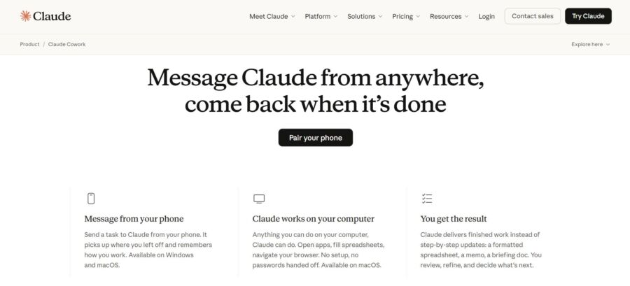 Screenshot from Claude website describing task continuity features for phone and computer use. Includes options to message, work, and receive results