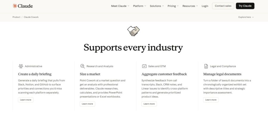 Claude Cowork Support Every Industry" for diverse applications.