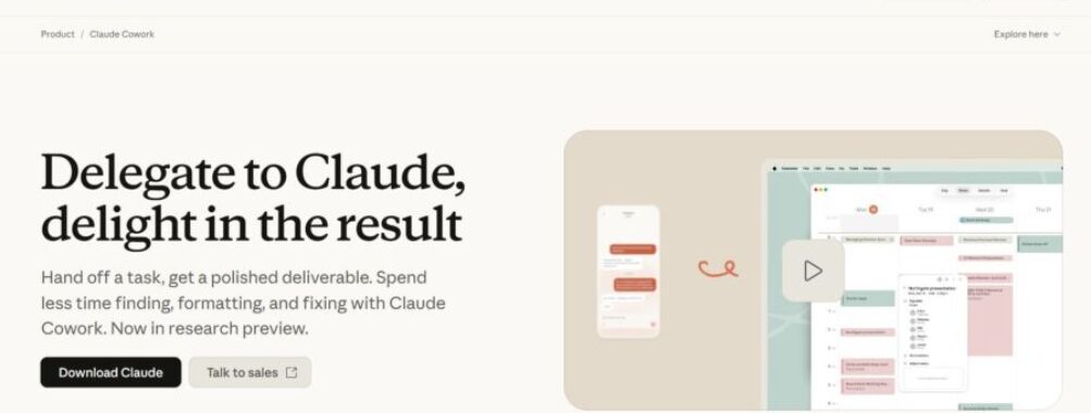 Webpage promoting Claude Cowork with a message about delegating tasks for polished results. Includes screenshots, app icons, and navigation links.