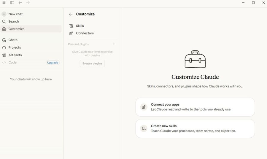 Screenshot of a Claude Customize software interface titled "Customize Claude." Options include "Connect your apps" and "Create new skills," with descriptive text. Minimalist design.