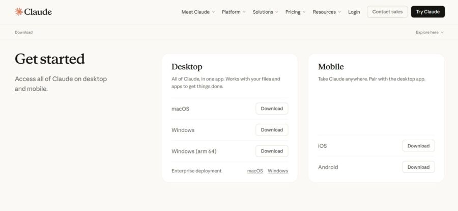 Claude download page featuring options for desktop and mobile. Desktop supports macOS, Windows, and Windows (arm 64). Mobile supports iOS and Android. Each option has a 'Download' button