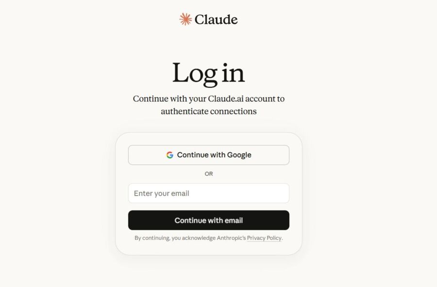 Login page for Claude.ai showing options to continue with Google or email. Simple design with welcoming tone, encouraging authentication.
