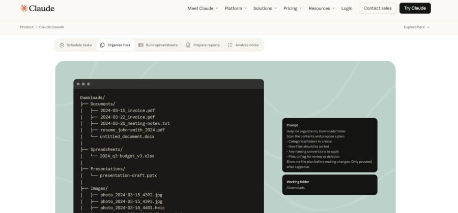 Screenshot of Claude software interface showing a file organization prompt. The dark window lists documents, spreadsheets, presentations, and images. The interface includes menu options like 'Organize files' and a side prompt detailing organizational tasks within the Downloads folder. The design is minimalistic with a soothing color palette