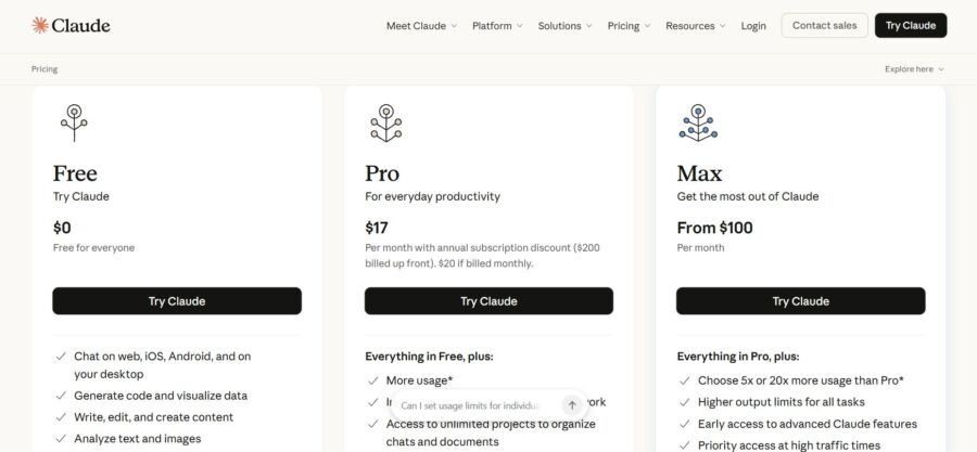 Claude pricing plans: Free, Pro, and Max. Free offers basic features. Pro at $17/month adds more usage. Max starts at $100/month for advanced features.