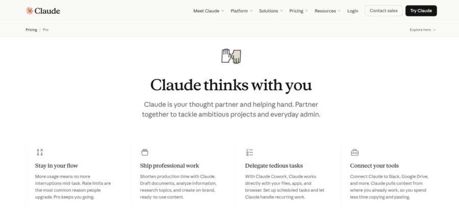 Webpage header for Claude, featuring the slogan 'Claude thinks with you.' Offers solutions like staying in flow, shipping work, task delegation, and tool connectivity